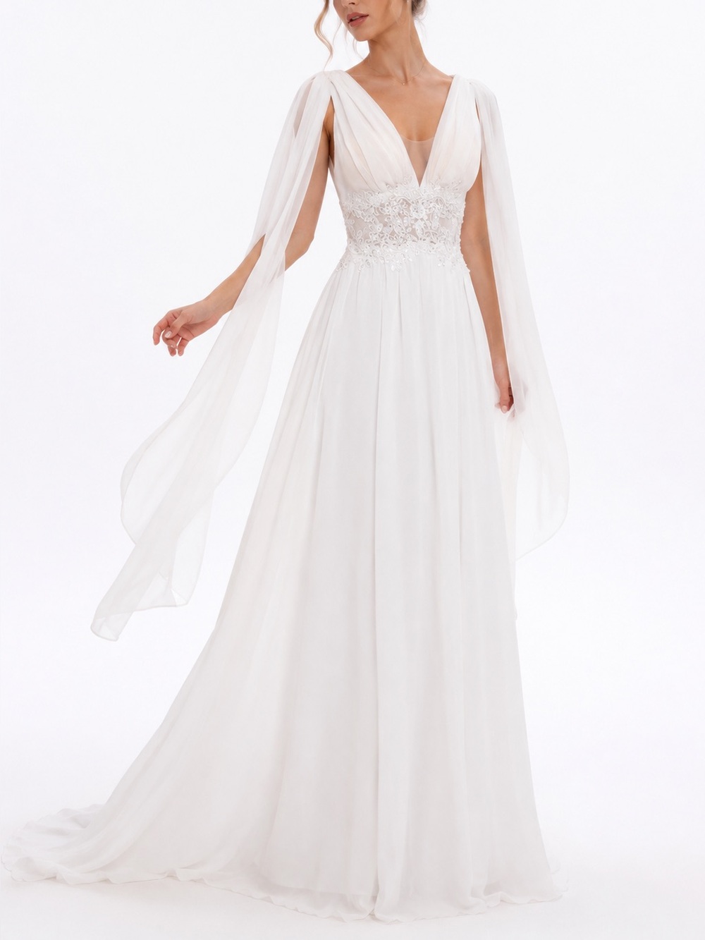 SHEIN White V-Neck Chiffon Bridal Gown with Lace Waist /Size:S (US4)